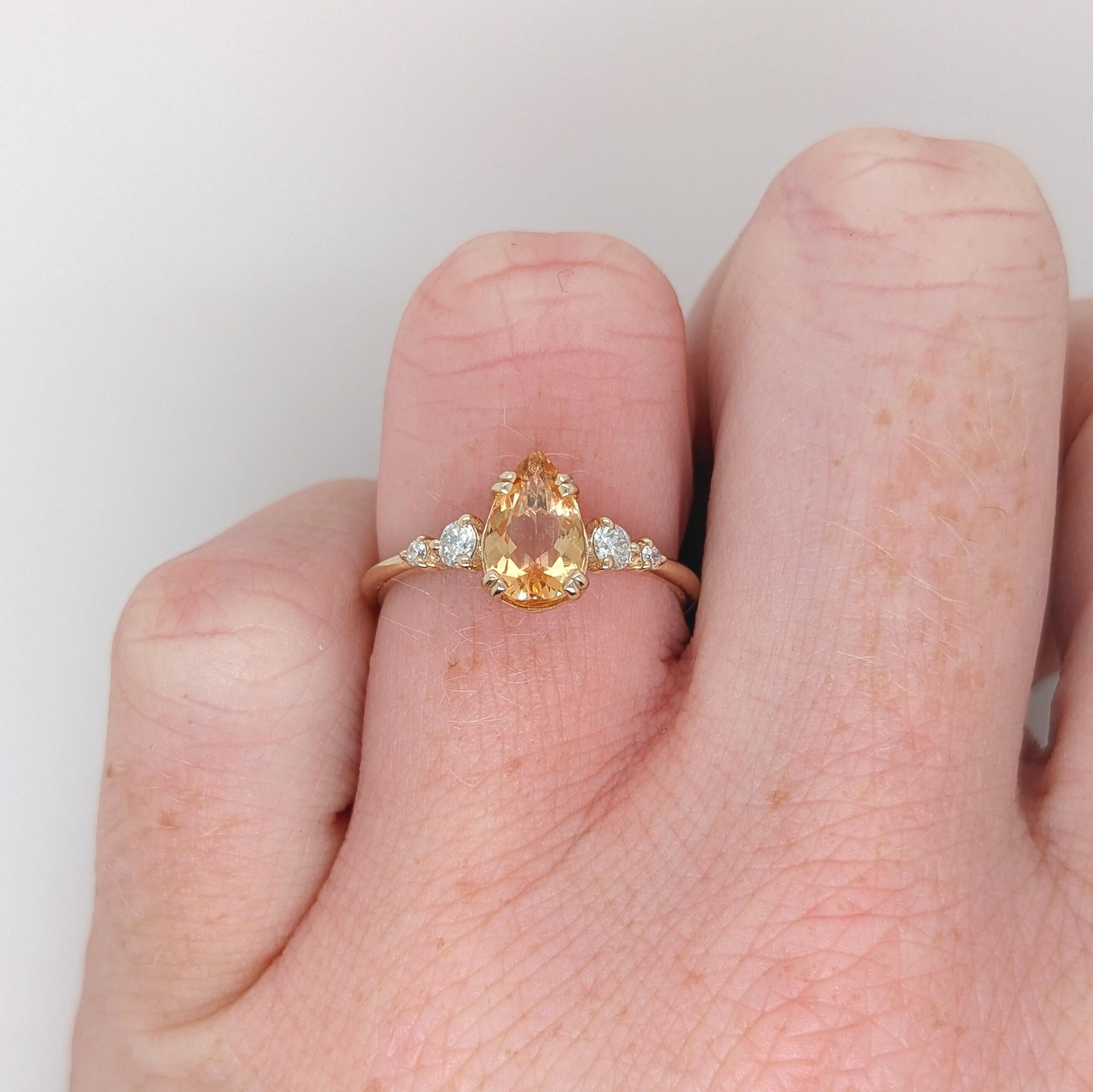 Pear Cut 1ct Imperial Topaz Ring w Natural Diamonds in Solid 14k Yellow Gold Pear 9x5mm For Sale