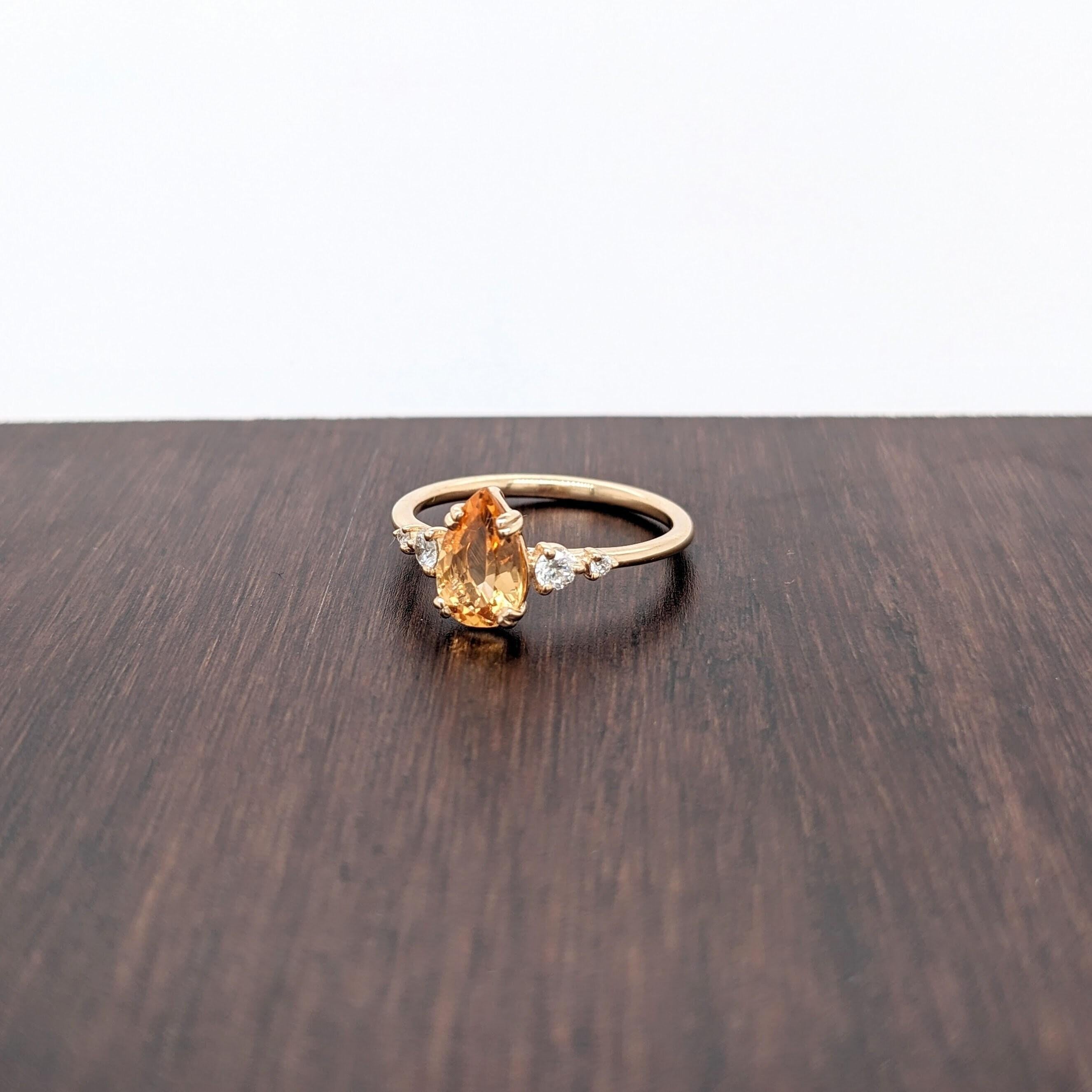 1 Karat kaiserlicher Topas Ring mit natürlichen Diamanten in massivem 14k Gelbgold Birnenring 9x5 mm Damen im Angebot