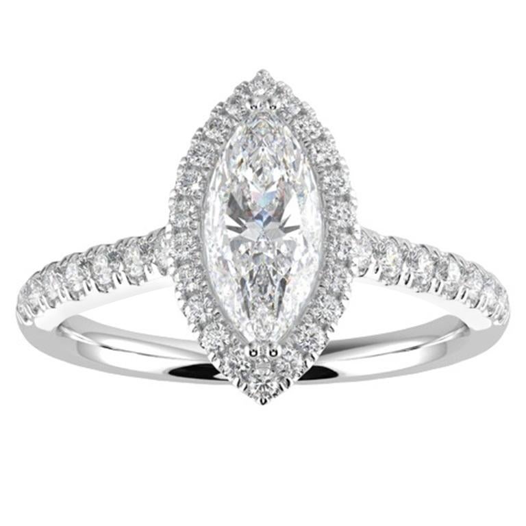 Anello di fidanzamento aureolato con diamante naturale 1CT con taglio a marquise GH-I1 in oro bianco 14K