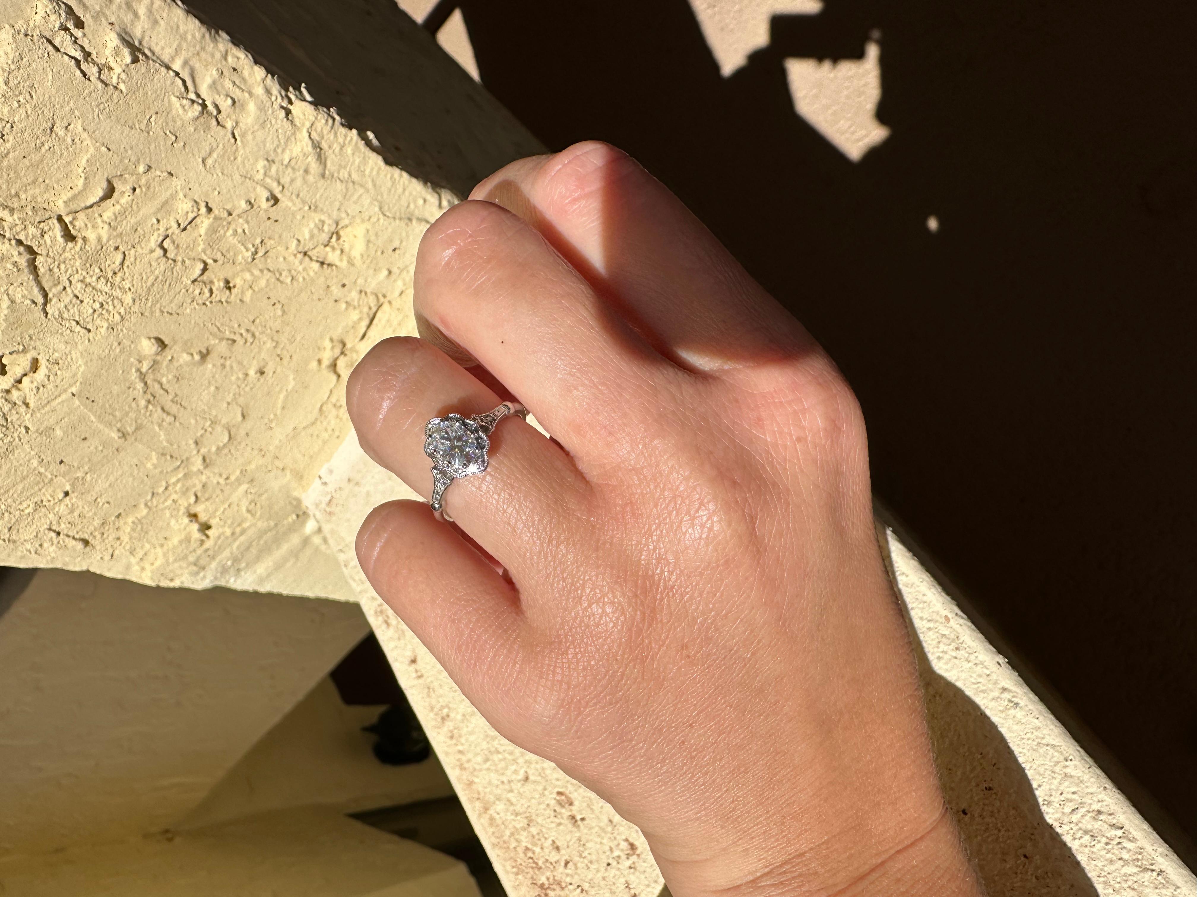Women's or Men's 1ct Moissanite Diamond ring 14KT diamond engagement ring vintage hand engraved For Sale
