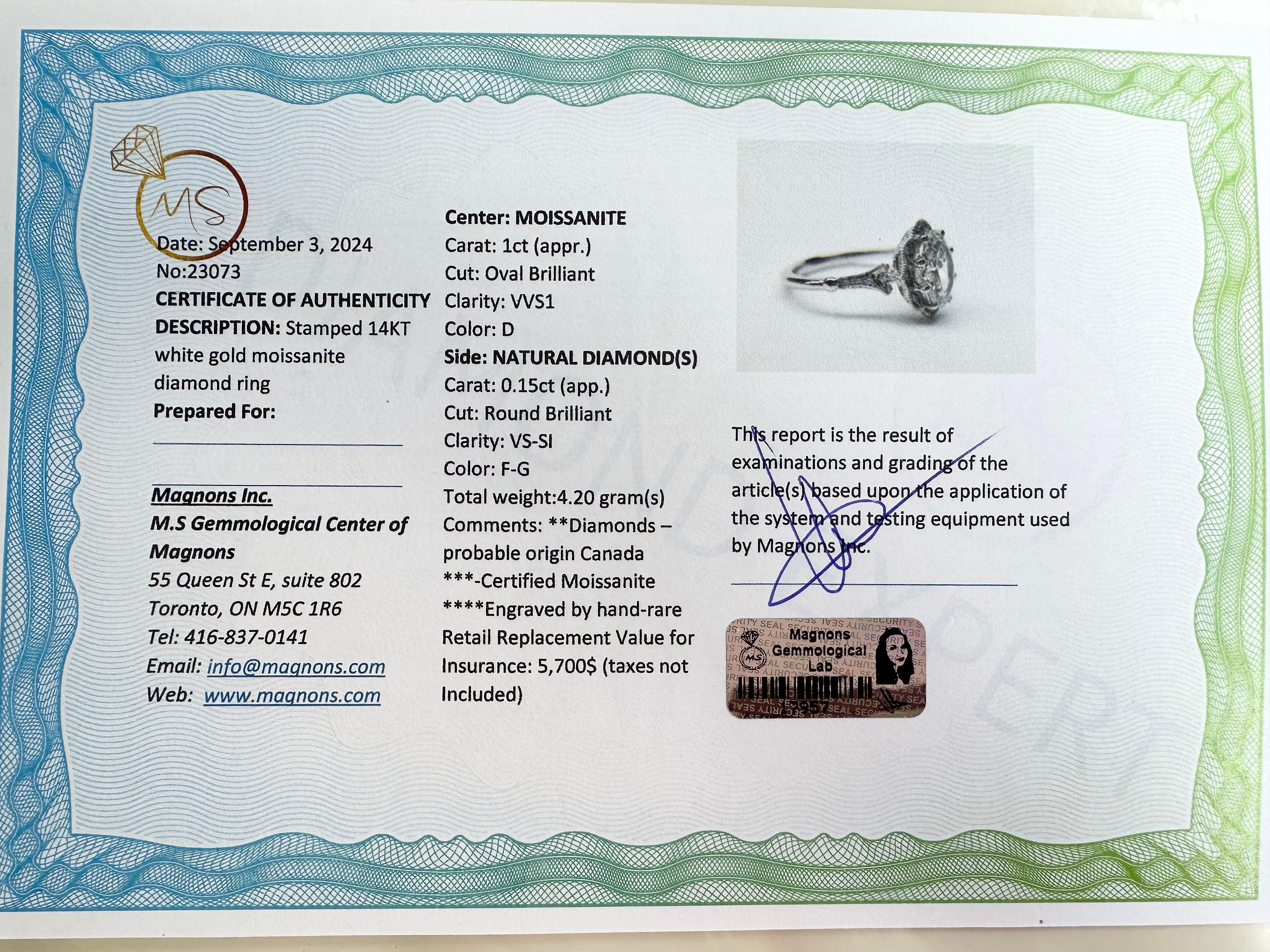 1ct Moissanite Diamond ring 14KT diamond engagement ring vintage hand engraved In New Condition For Sale In Boca Raton, FL