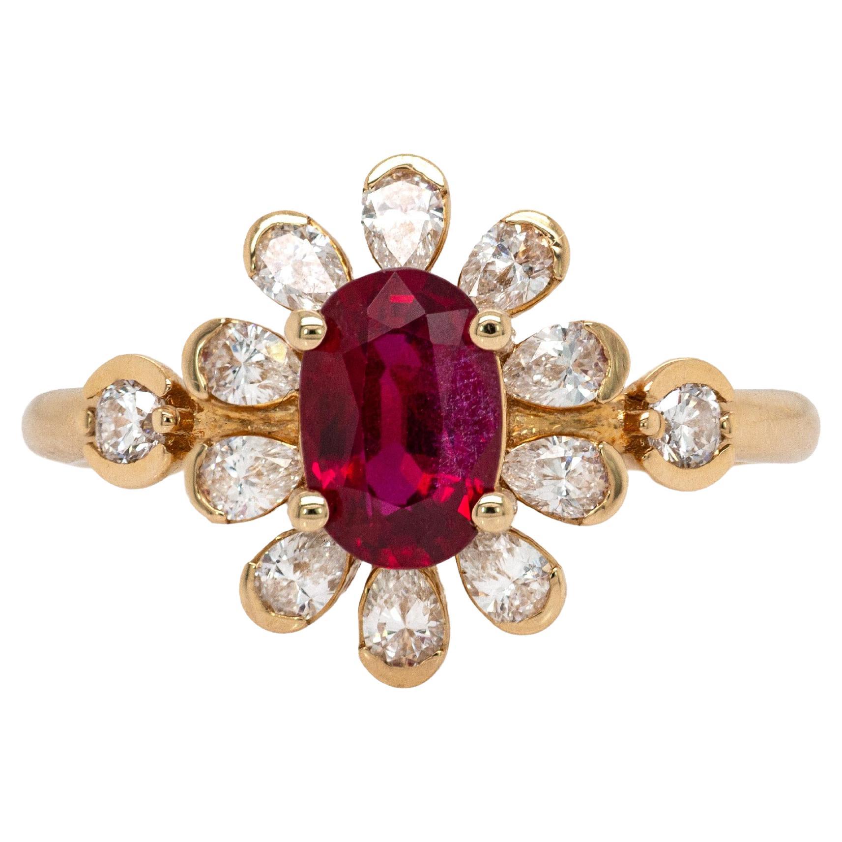 Anello floreale con rubino del Mozambico e diamante estratto dalla terra, 1ct, in oro massiccio 14K in vendita