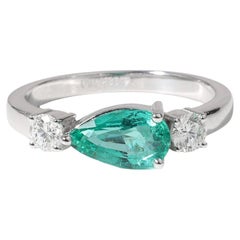 Anillo de compromiso de tres piedras con diamantes y esmeralda natural talla pera de 1 ct - Oro blanco de 18 quilates