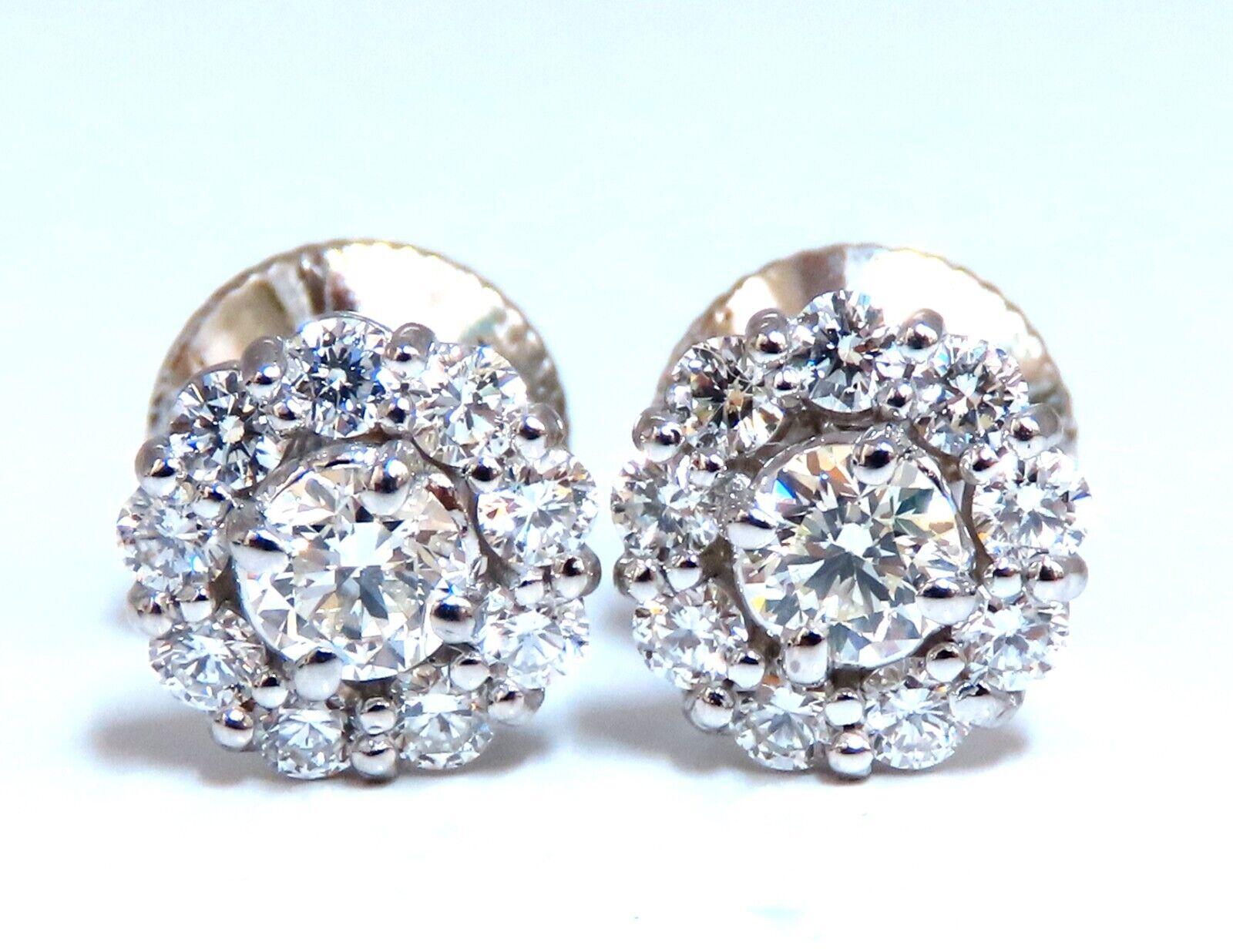 Round Cut 1 Carat Natural Round Diamond Cluster Earrings 14 Karat For Sale