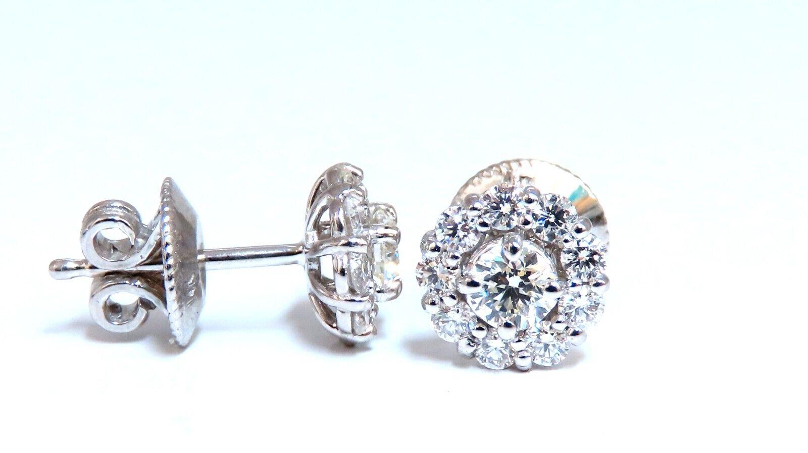 Women's or Men's 1 Carat Natural Round Diamond Cluster Earrings 14 Karat For Sale