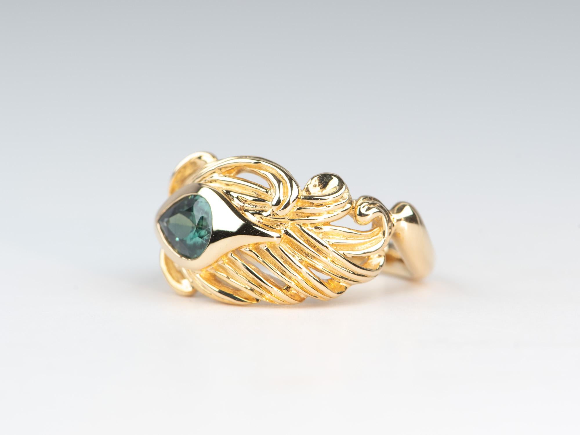 Uncut 1ct Natural Teal Blue Nigerian Sapphire Peacock Feather Ring 14K Gold R6671 For Sale