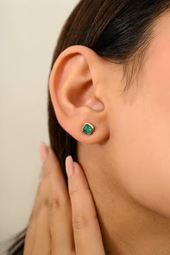1Ct Octagon-Cut Natural Emerald Bezel Set Stud Earrings in 14K Gold Fine Jewelry