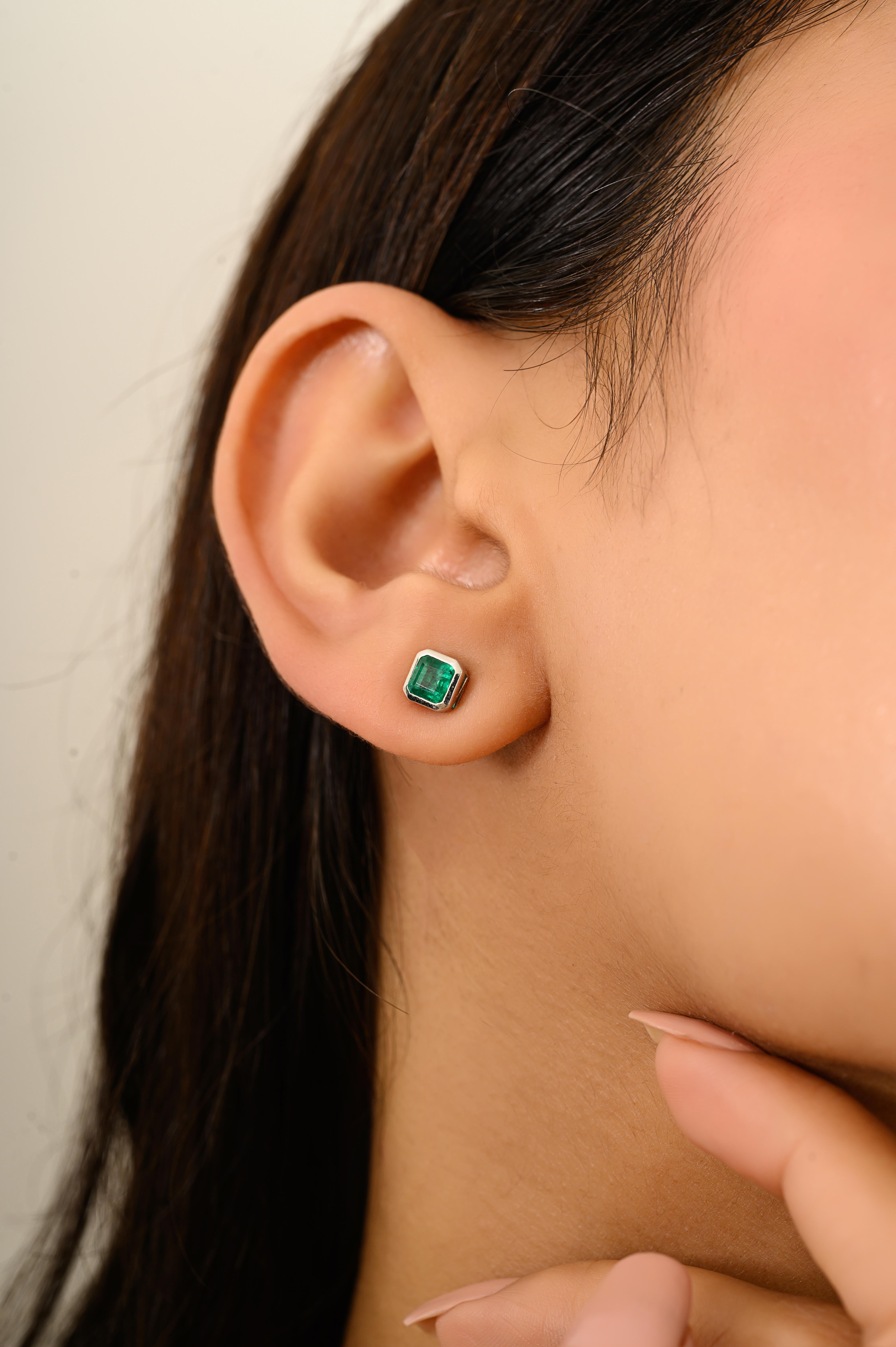 Octagon Cut 1Ct Octagon-Cut Natural Emerald Bezel Set Stud Earrings in 14K Gold Fine Jewelry For Sale