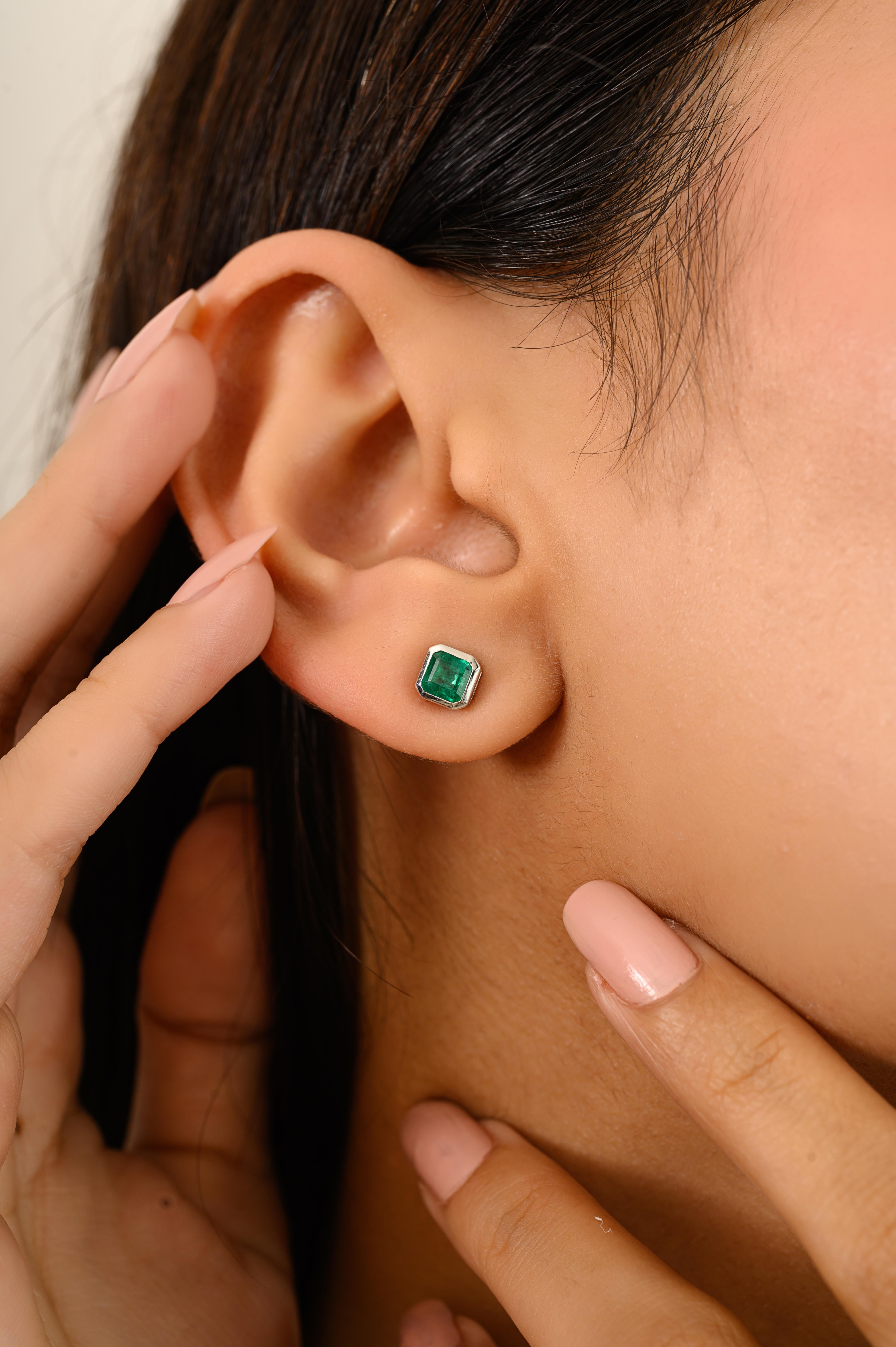 Women's 1Ct Octagon-Cut Natural Emerald Bezel Set Stud Earrings in 14K Gold Fine Jewelry For Sale