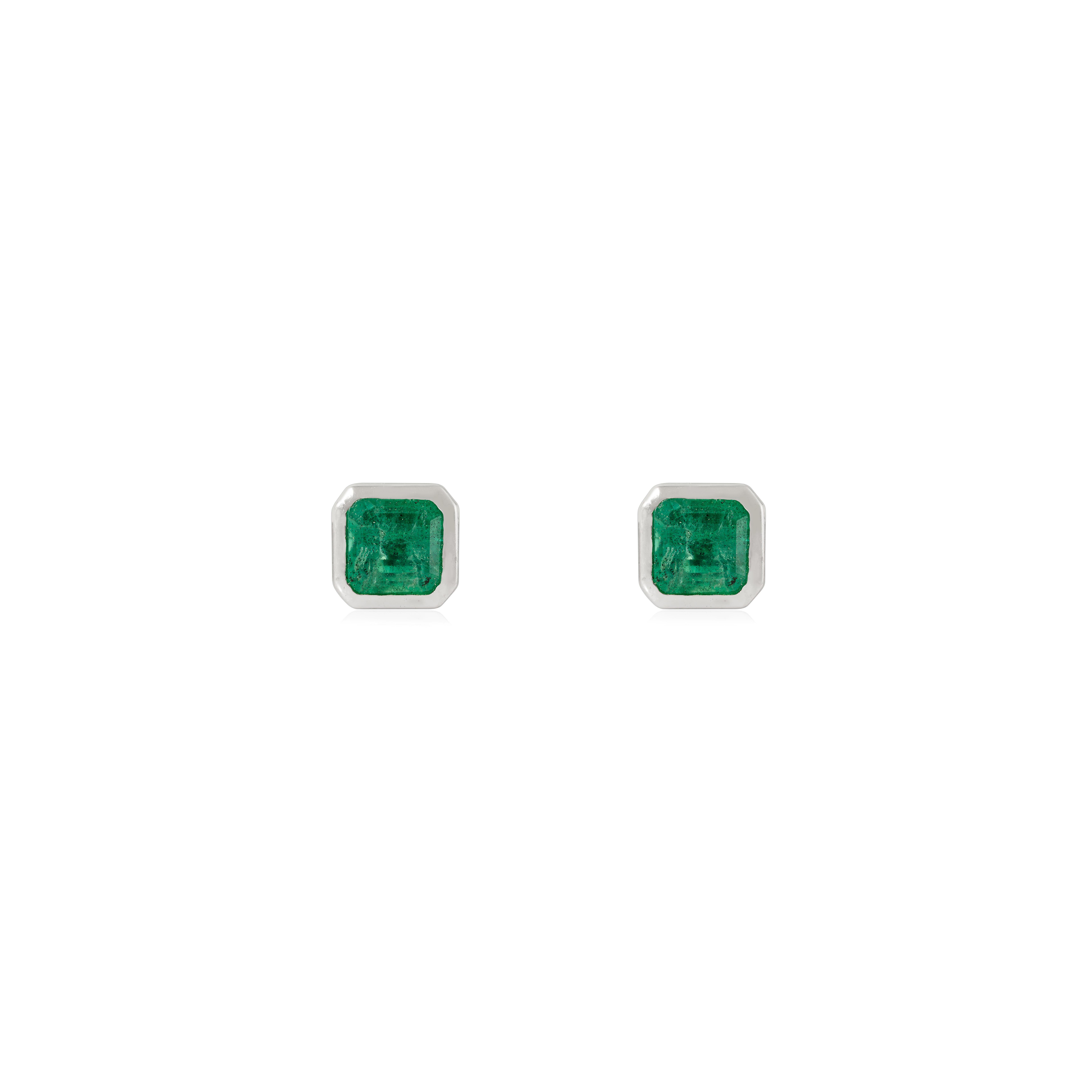 Modernist 1Ct Octagon-Cut Natural Emerald Bezel Set Stud Earrings in 14K Gold Fine Jewelry For Sale