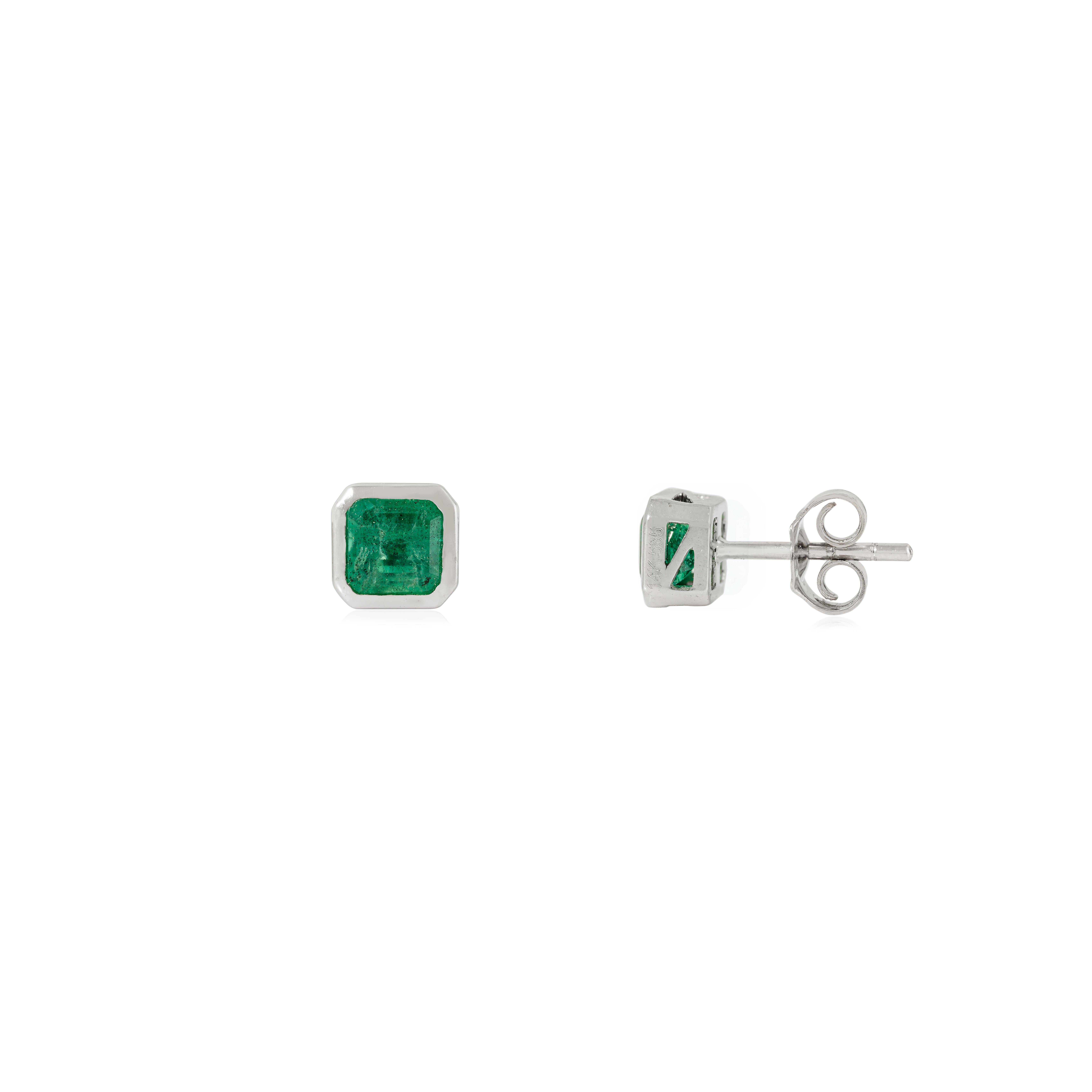 1Ct Octagon-Cut Natural Emerald Bezel Set Stud Earrings in 14K Gold Fine Jewelry For Sale 2