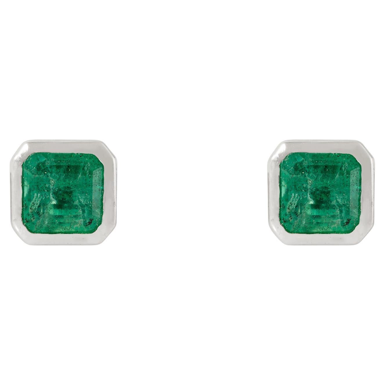 1Ct Octagon-Cut Natural Emerald Bezel Set Stud Earrings in 14K Gold Fine Jewelry For Sale