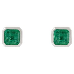 1Ct Octagon-Cut Natural Emerald Bezel Set Stud Earrings in 14K Gold Fine Jewelry