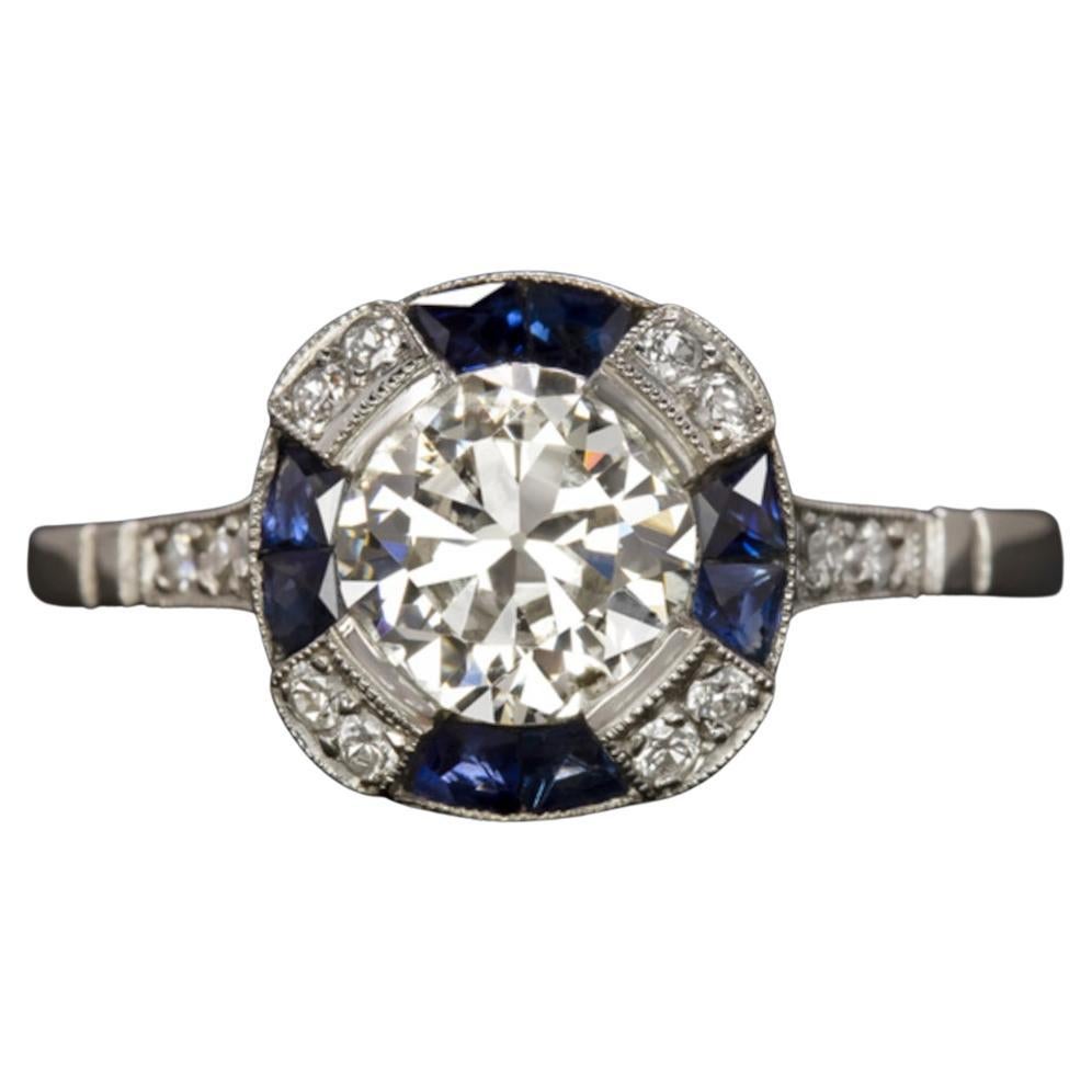 1Ct Old European Cut Engagement Ring Diamond and Sapphire Art Decò