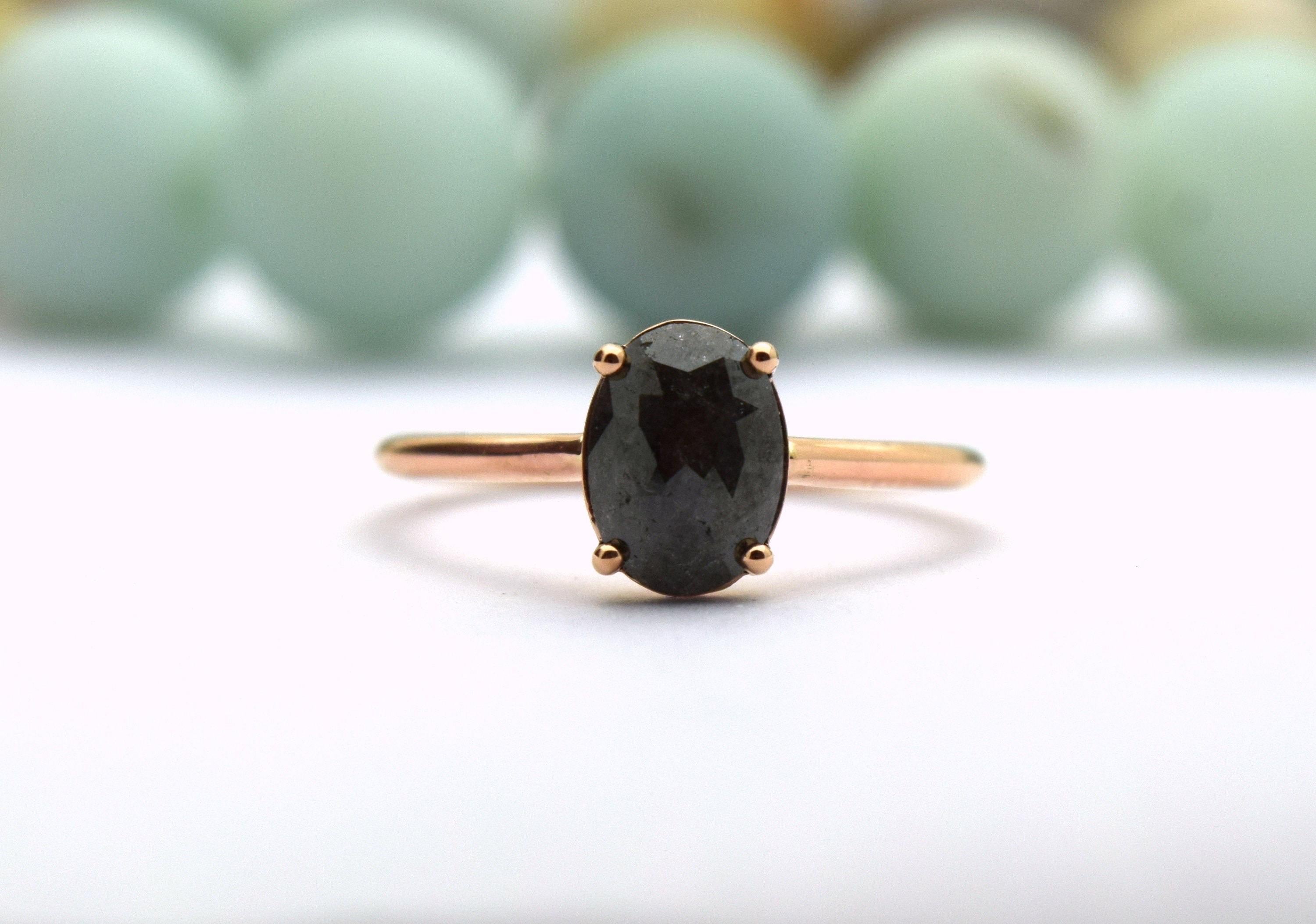 Bague à diamant ovale 1ct Bague de fiançailles Bague à diamant noir Or rose 14KT en vente 1