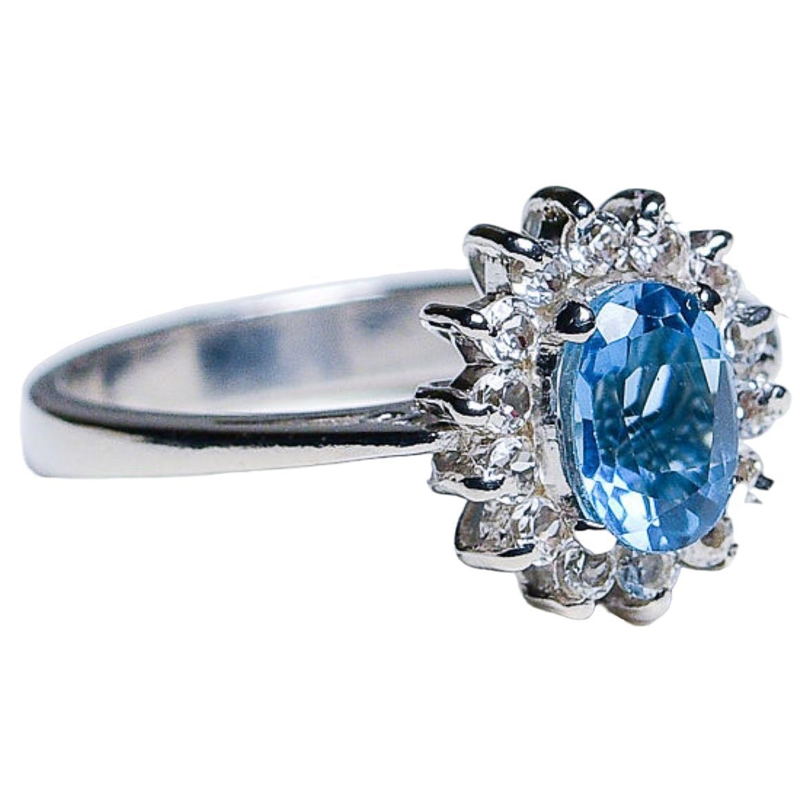 Anillo de plata y platino con topacio azul natural ovalado de 1 ct Artesano en venta