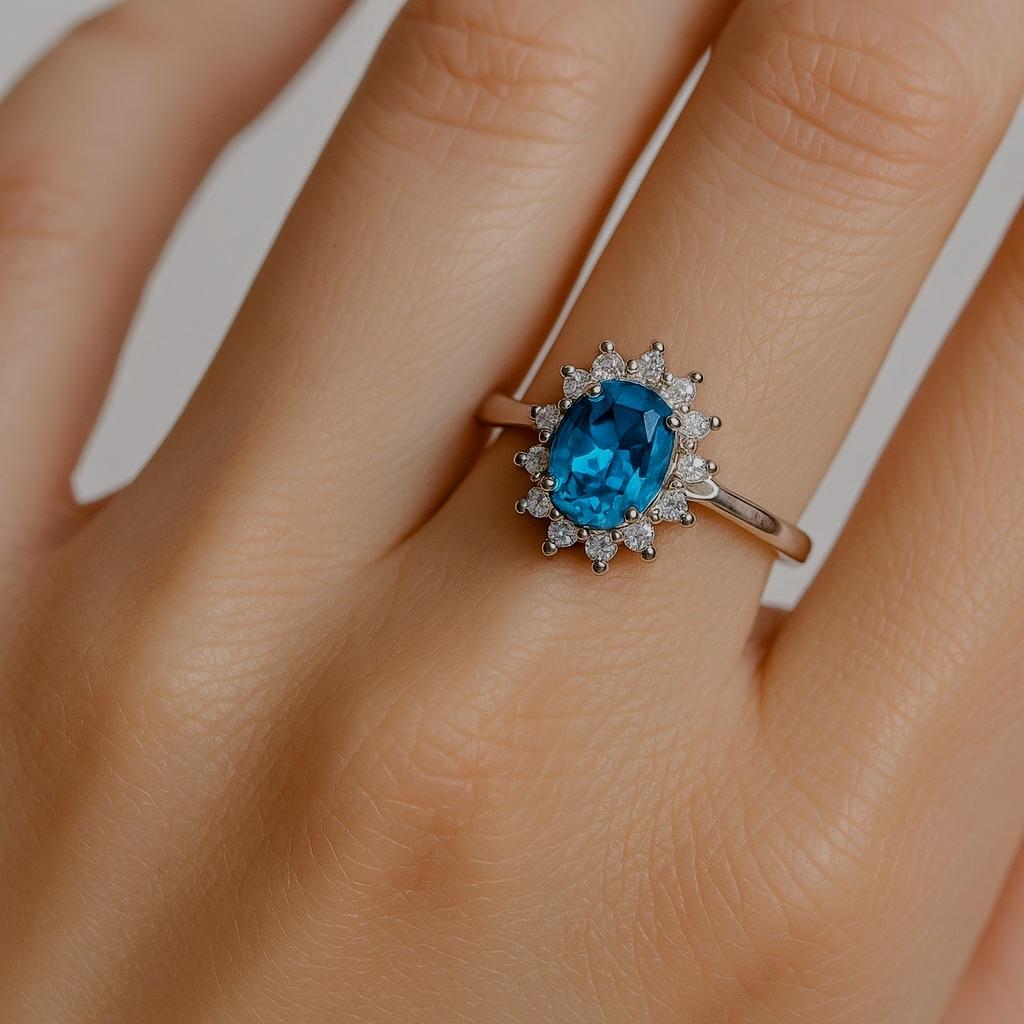 Anello in argento platino con topazio blu naturale ovale da 1 carato In condizioni Nuovo in vendita a Lanham, MD