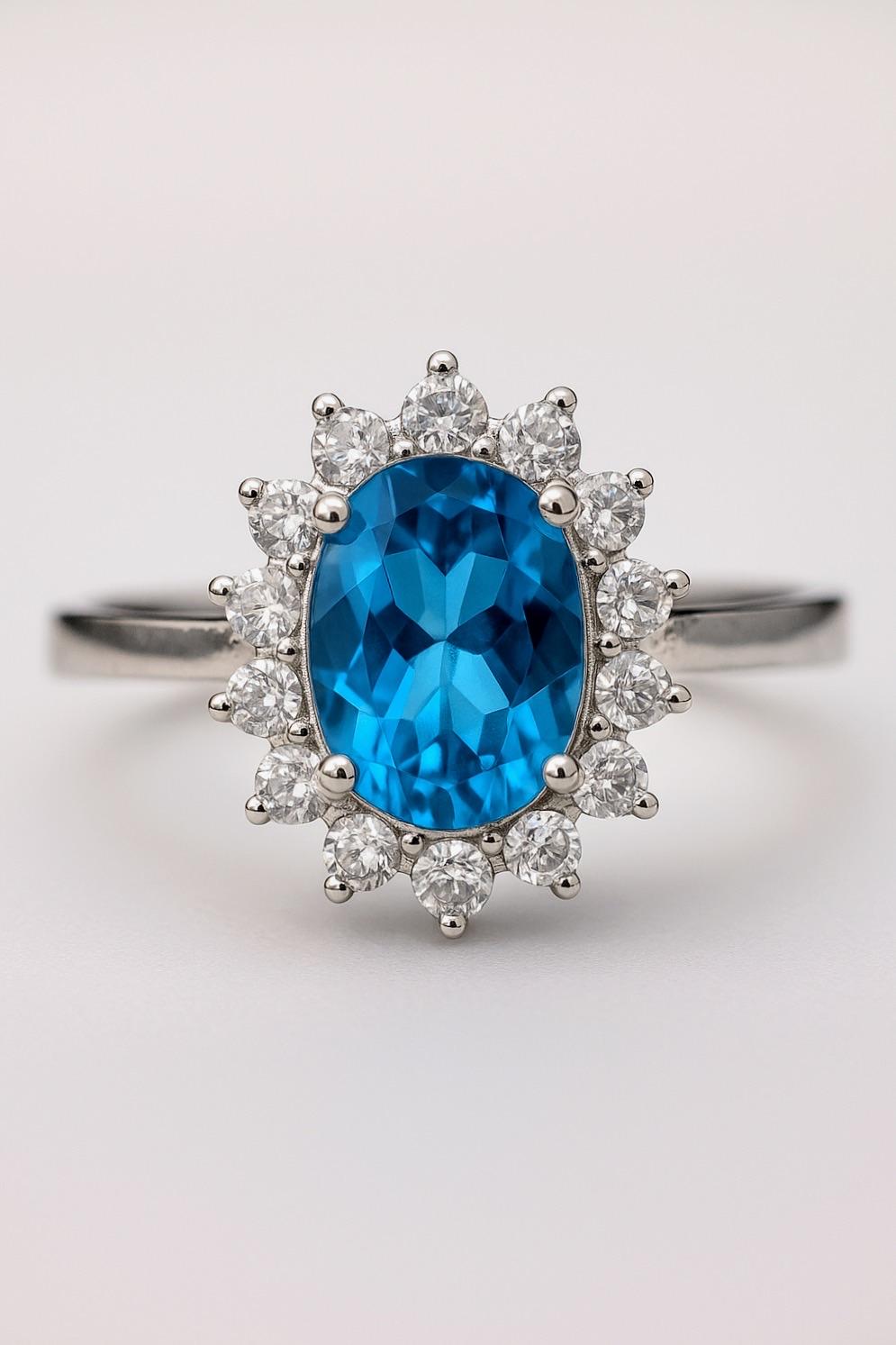 Anello in argento platino con topazio blu naturale ovale da 1 carato in vendita 1