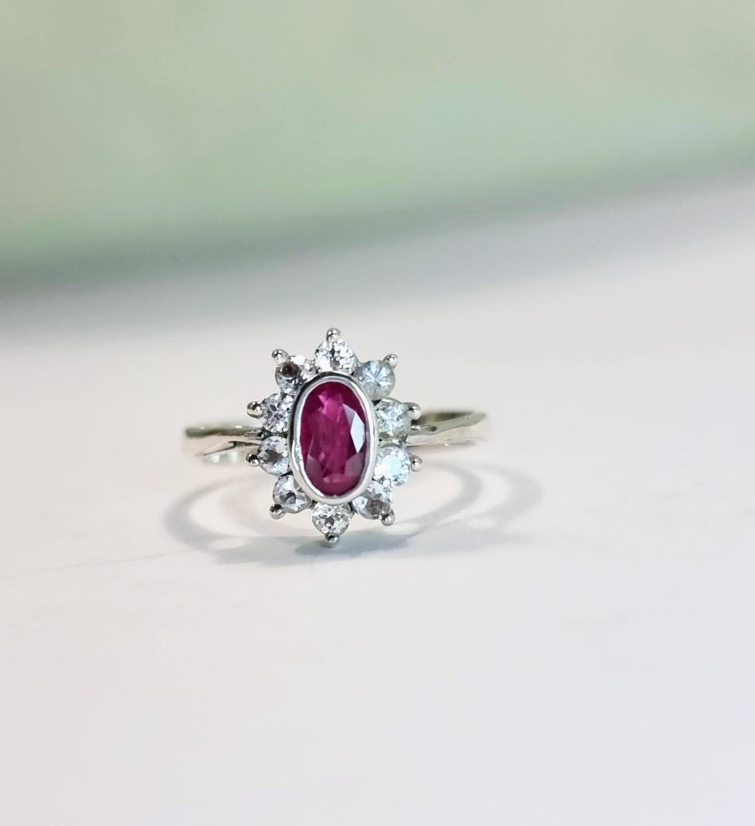 1ct Oval Natural Ruby and White Sapphire Statement Ring in Platinum Silver For Sale 5