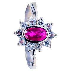 1ct Oval Natural Ruby and White Sapphire Statement Ring in Platinum Silver