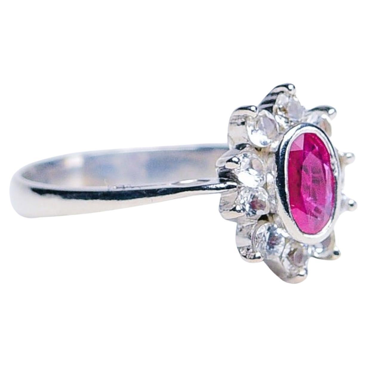 Contemporary 1ct Oval Natural Ruby and White Sapphire Statement Ring in Platinum Silver For Sale