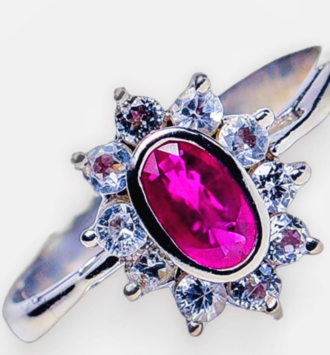 Women's 1ct Oval Natural Ruby and White Sapphire Statement Ring in Platinum Silver For Sale