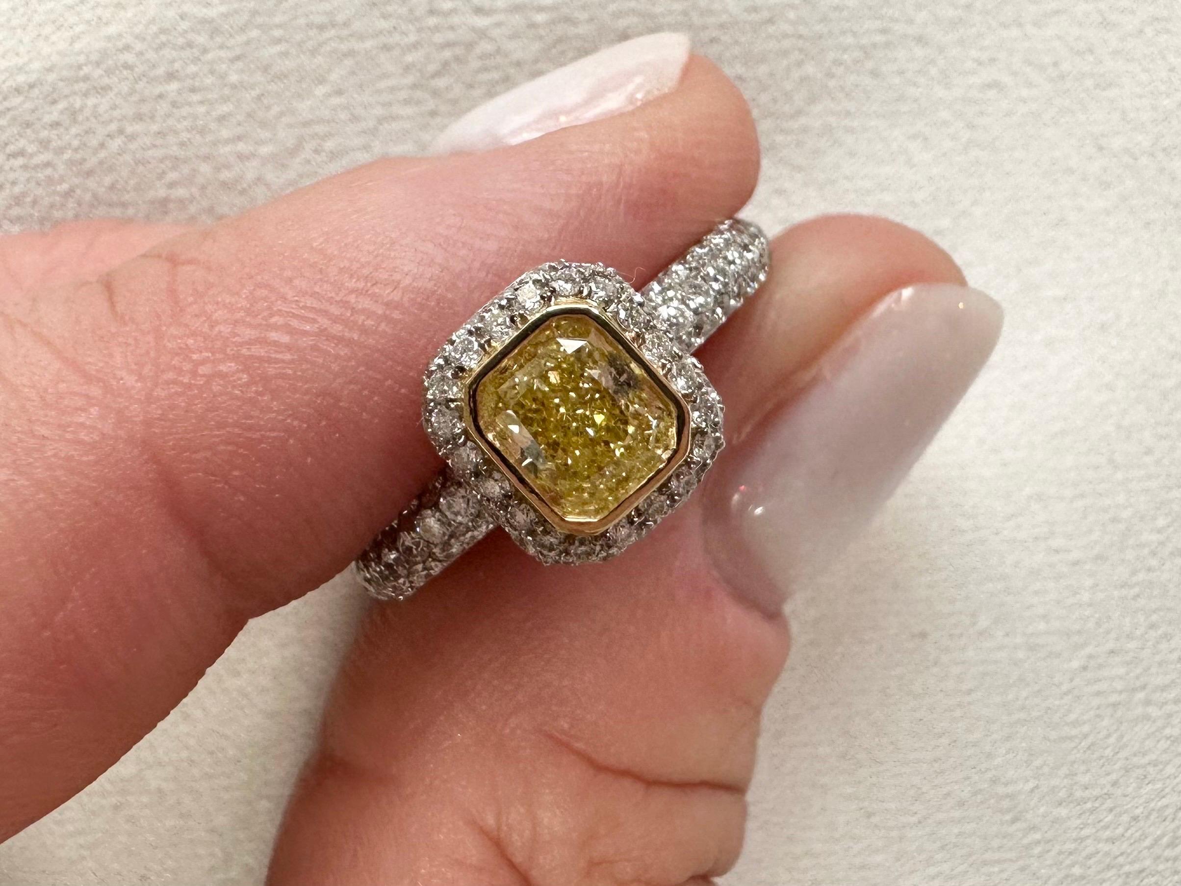Cushion Cut 1ct Pave Diamond ring Fancy Yellow diamond engagement ring 18KT 1.60ct  For Sale