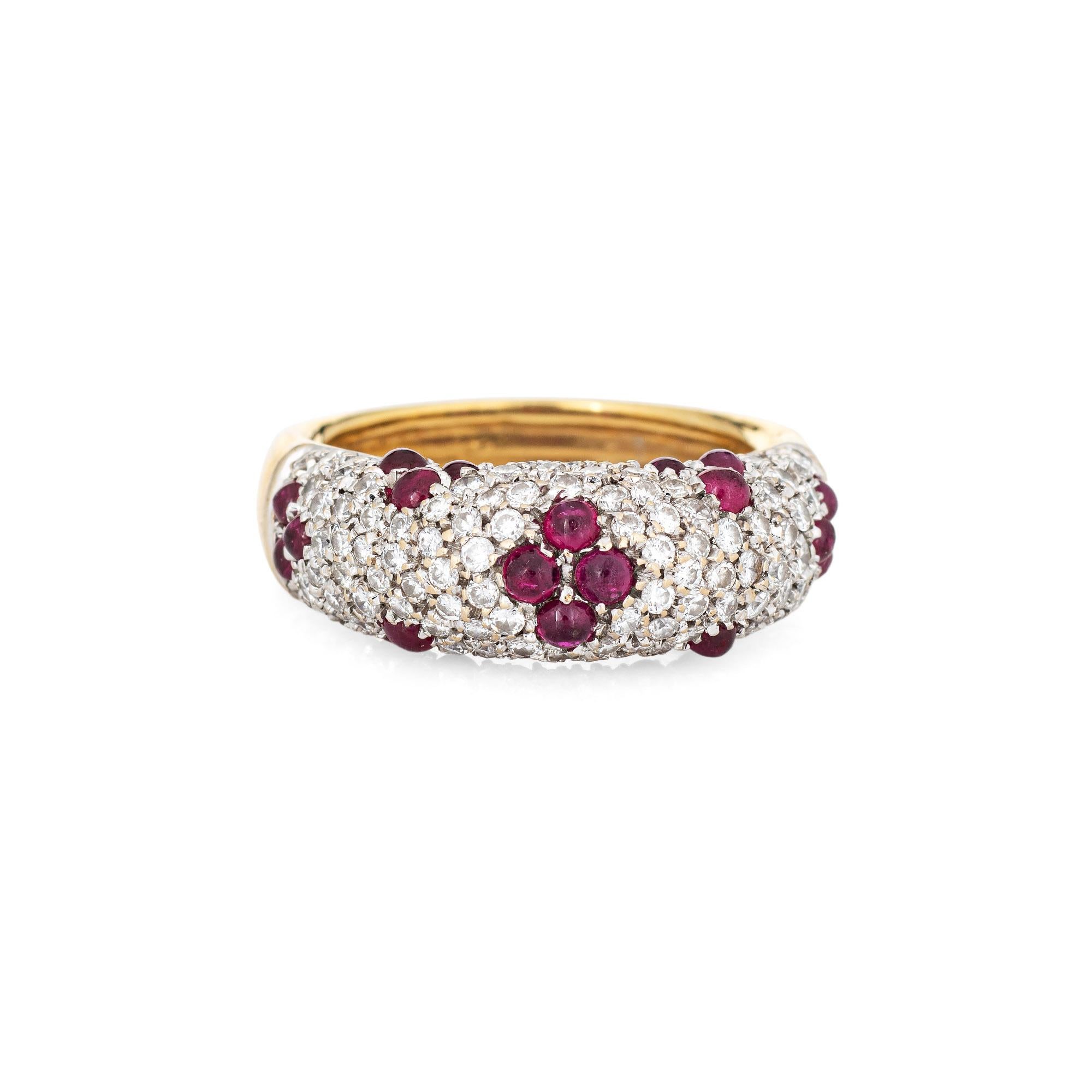 Stylish vintage pave diamond and cabochon ruby ring (circa 1970s to 1980s) crafted in 14 karat yellow gold. 

Round brilliant cut diamonds total an estimated 1 carat (estimated at I-J color and VS2-SI2 clarity). The cabochon rubies measure from