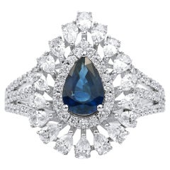 1ct Pear-Cut Blue Sapphire & Diamond Double Halo Engagement Ring in 18K Gold