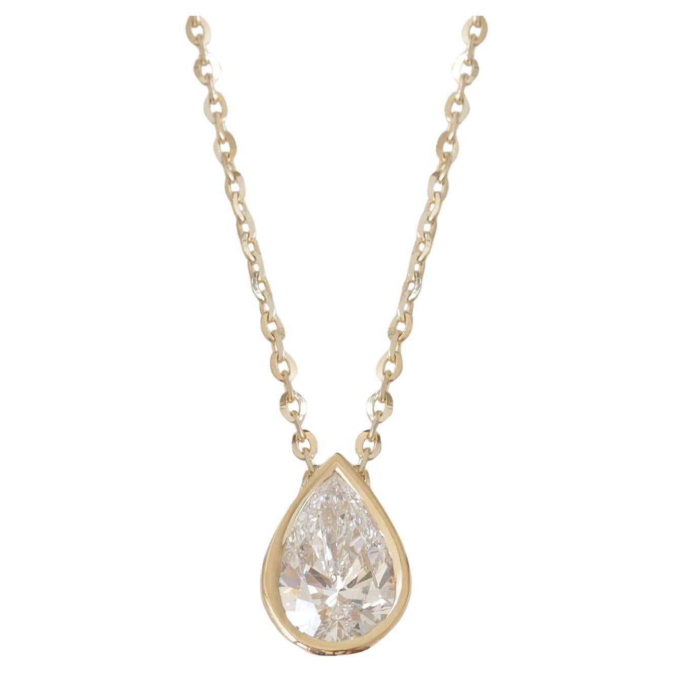 1CT Pear Shanie Diamond Bezel Setting Solitaire Pendant Necklace