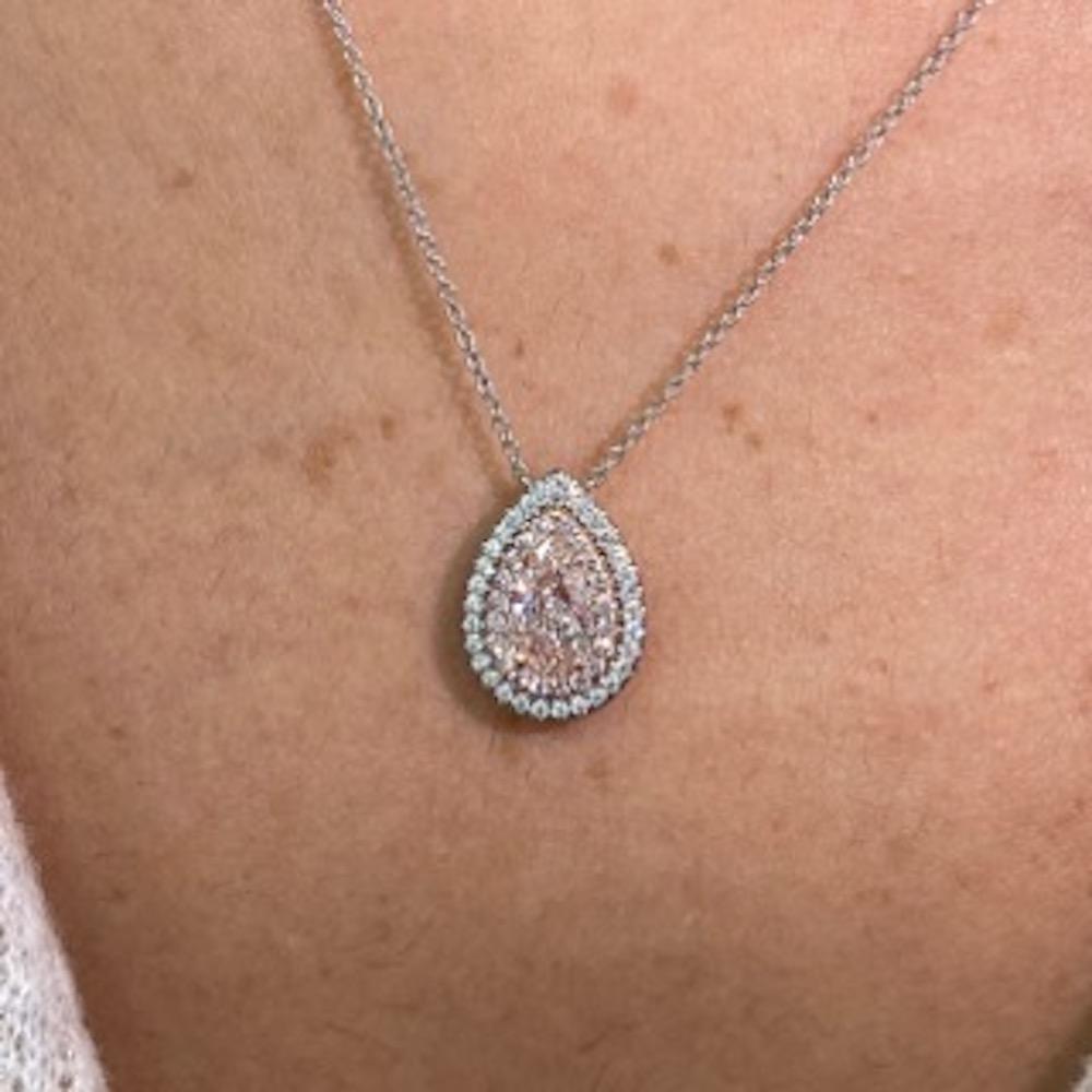 Women's Rare Colors 1ct Pink Pear Diamond Double Halo Pendant For Sale