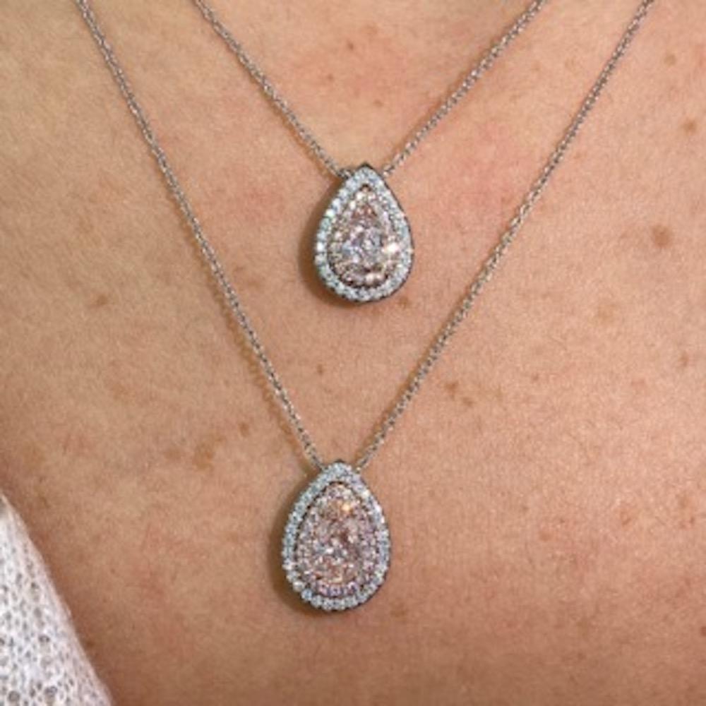 Rare Colors 1ct Pink Pear Diamond Double Halo Pendant For Sale 1