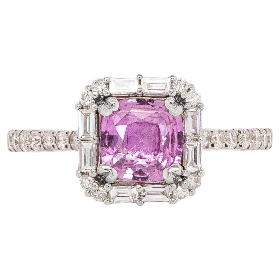 Anello con zaffiro rosa da 1 centesimo e diamante naturale aureolato: oro bianco massiccio 14 carati  6mm