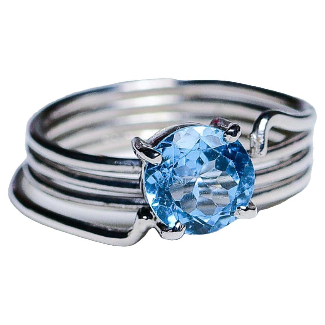 1ct Round Blue Topaz Platinum Silver Band Ring