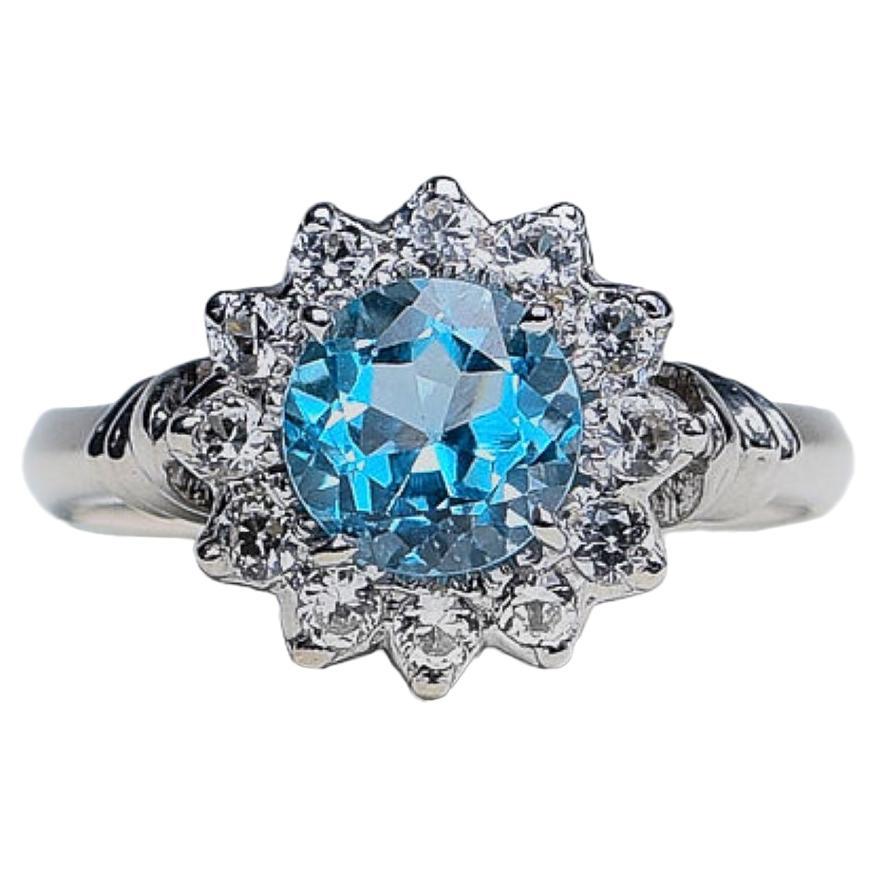 De las mujeres Anillo de plata y platino con topacio azul natural redondo de 1 ct en venta