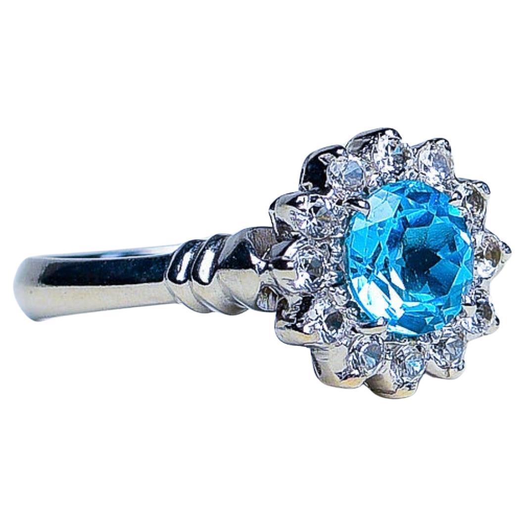 Anillo de plata y platino con topacio azul natural redondo de 1 ct en venta 1