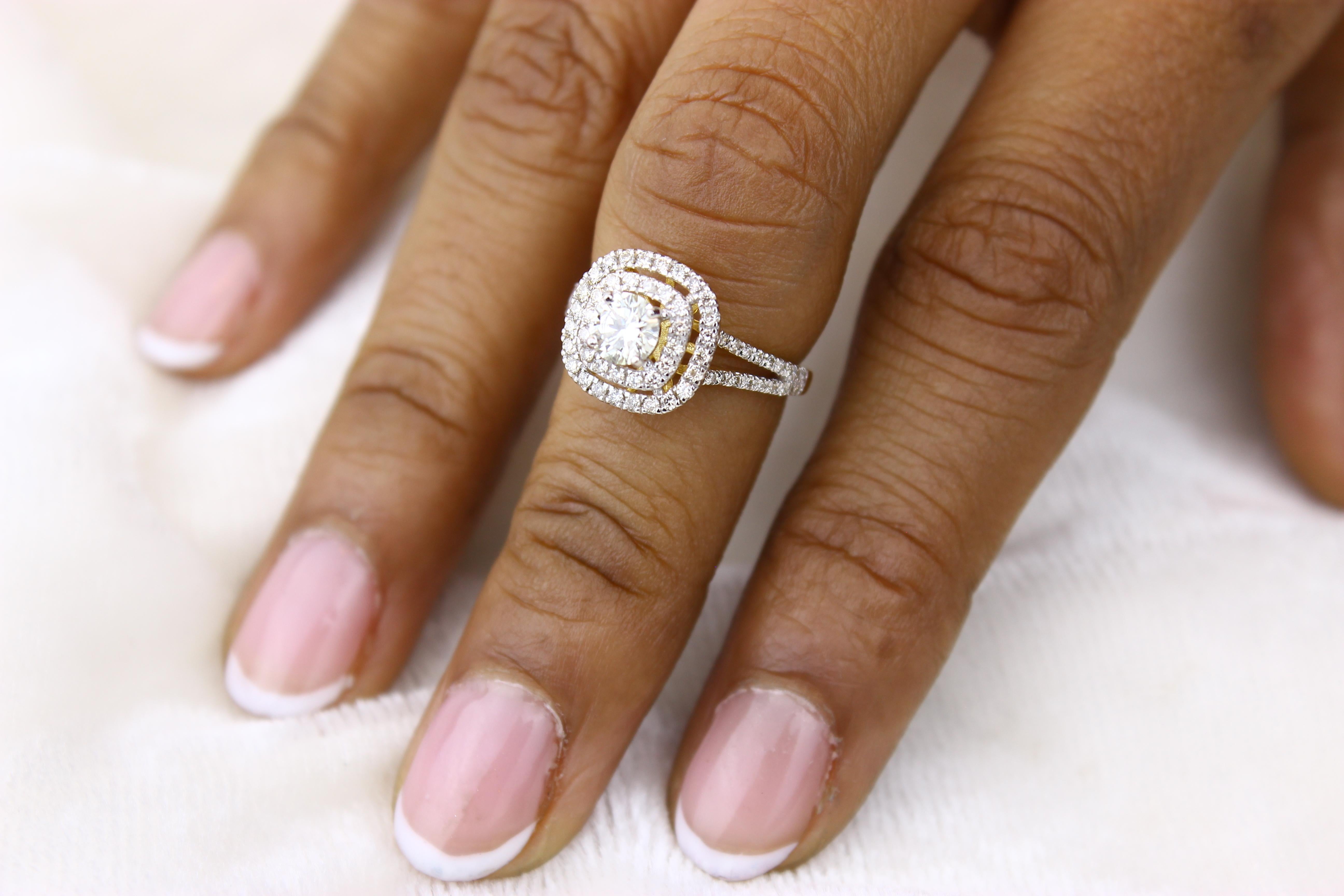 For Sale:  1ct Round Solitaire Diamond Ring with Double Halo Setting in 18k Solid Gold 18