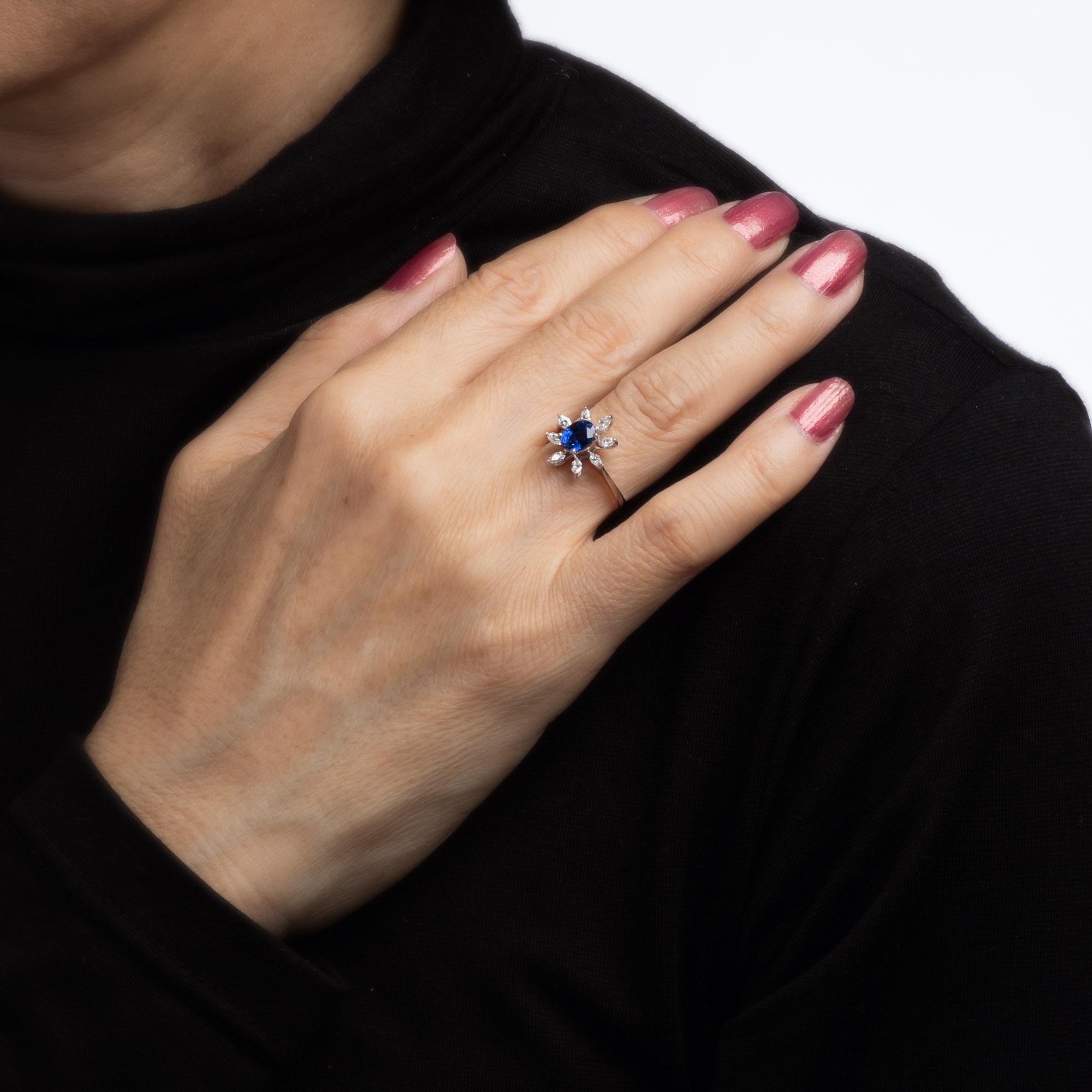 Modern 1ct Royal Blue Sapphire Diamond Ring Estate 18k White Gold Gemstone Engagement For Sale