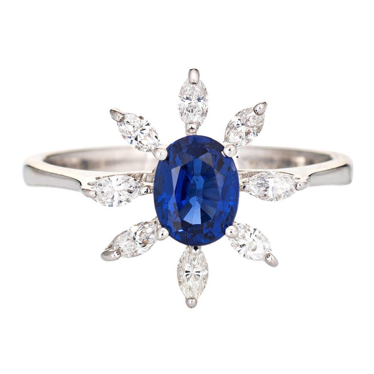 1ct Royal Blue Sapphire Diamond Ring Estate 18k White Gold Gemstone Engagement For Sale