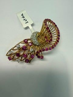 1ct Ruby Diamond brooch 18KT large yellow gold brooch 16gr