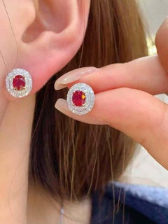 1ct Ruby Double Halo Diamond Stud Earrings 18K White Gold 0.40ct Diamonds