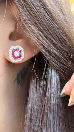 1ct Ruby Emerald Cut Diamond Double Halo Stud Earrings 18K White Gold