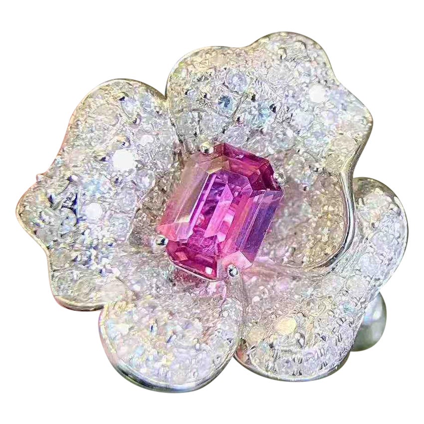 1ct Sapphire Halo Cocktail Ring with 1.37ct Diamond Pave in 18K White Gold – Whi For Sale