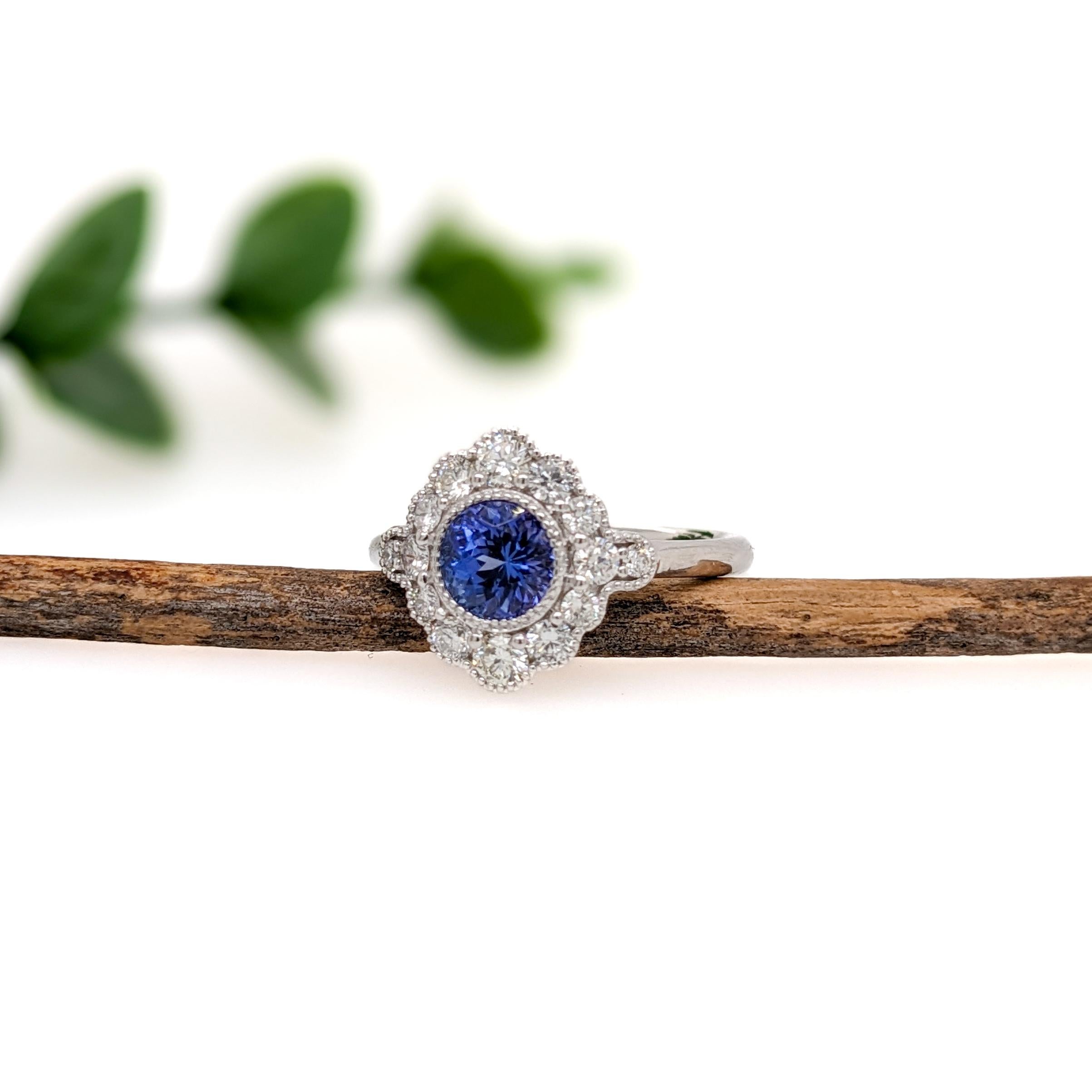 Modern 1ct Tanzanite Ring w Earth Mined Diamonds in Solid 14K White Gold Round 6mm For Sale