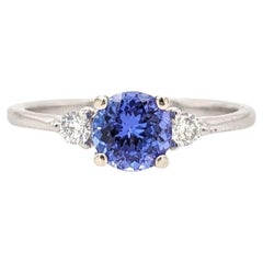 1 Karat Tansanit Ring mit erdfarbenen, gemeißelten Diamanten aus massivem 14 Karat Weißgold, rund, 6 mm