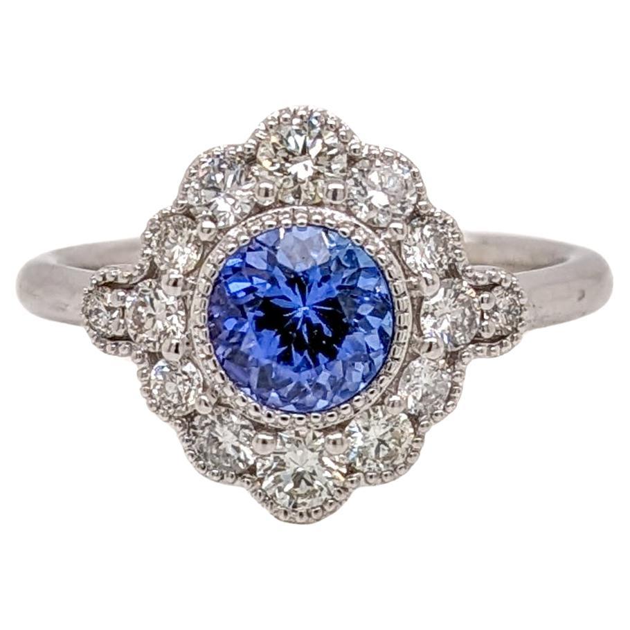1ct Tanzanite Ring w Earth Mined Diamonds in Solid 14K White Gold Round 6mm