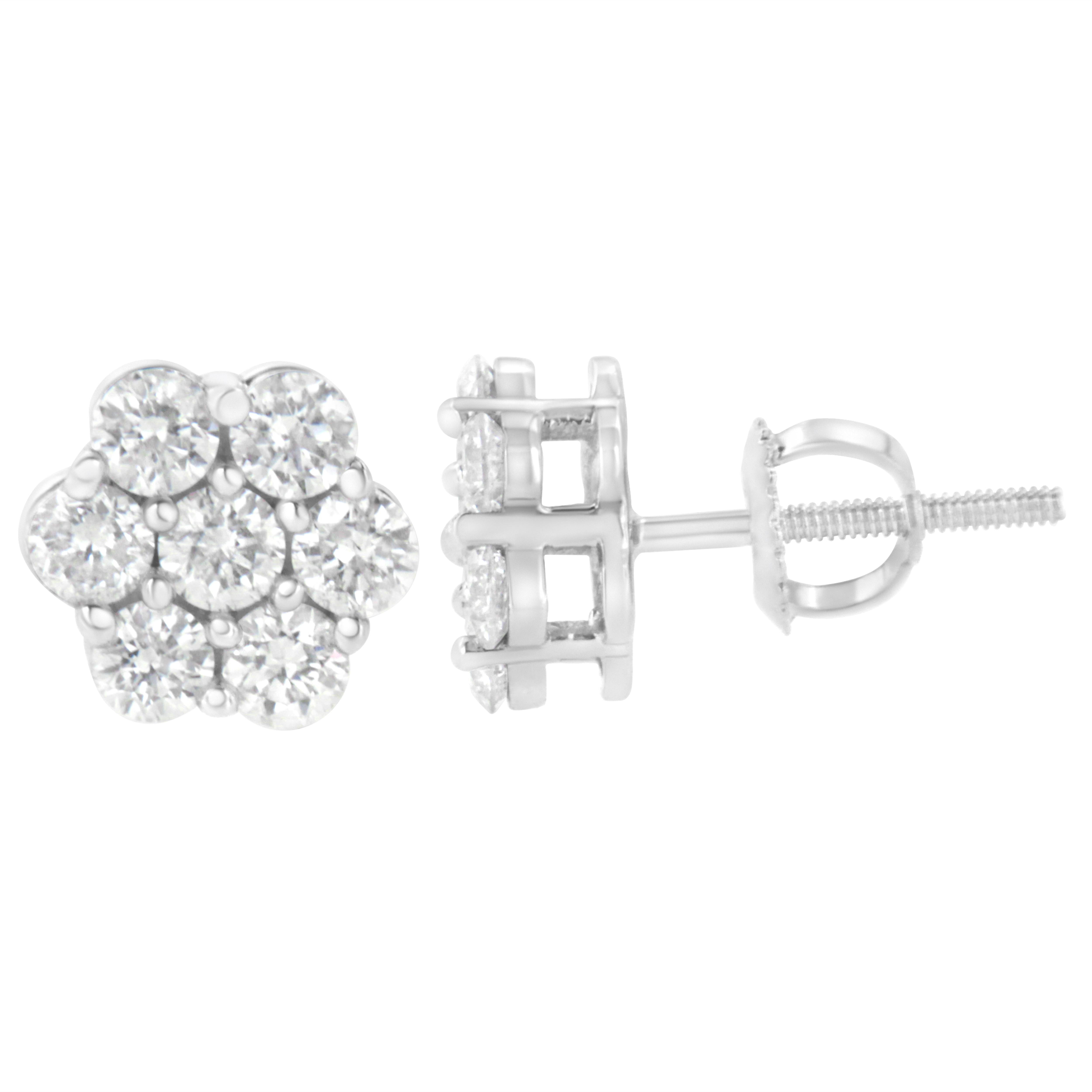 Round Cut 14K White Gold Floral Cluster Diamond Stud Earrings with Screwbacks For Sale