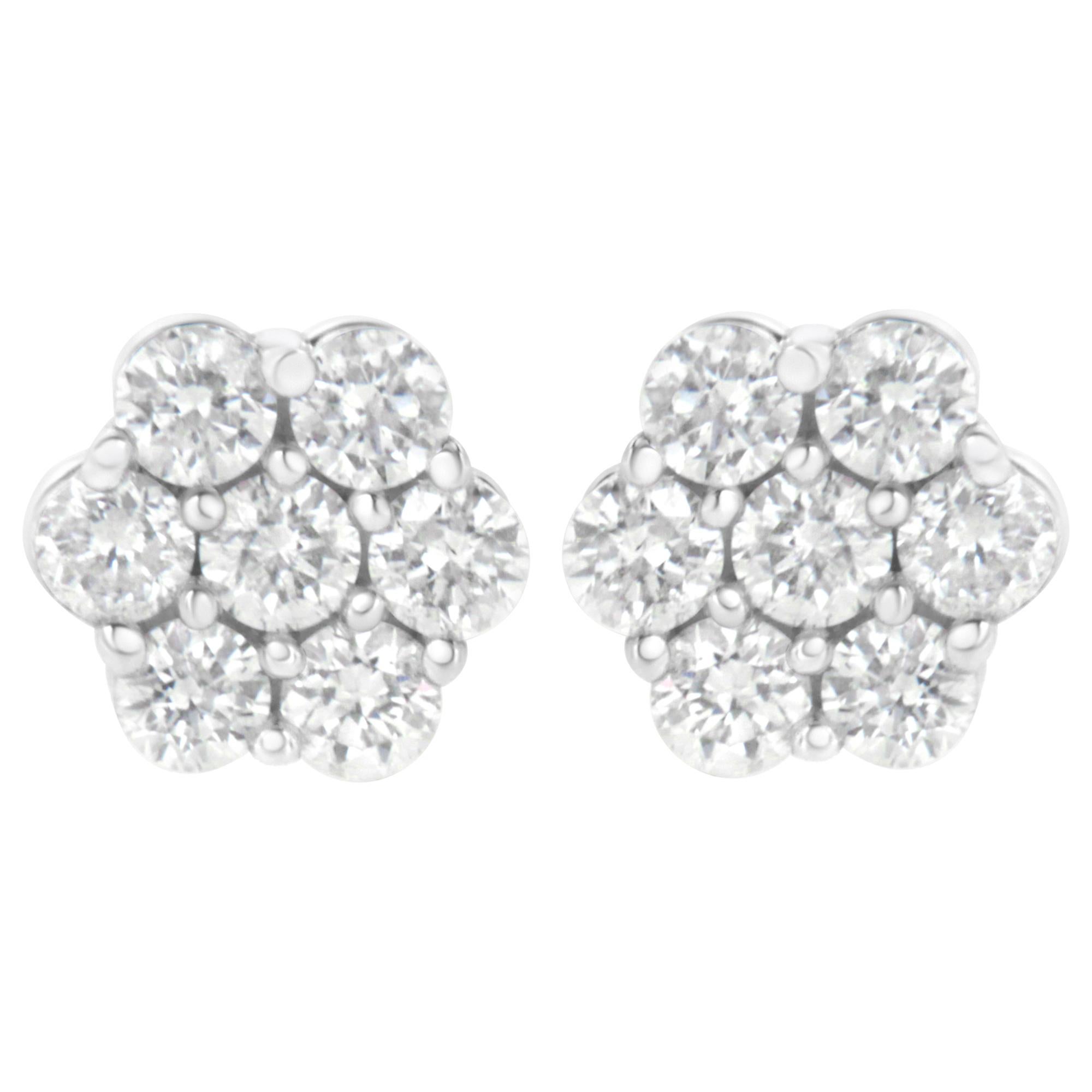 14K White Gold Floral Cluster Diamond Stud Earrings with Screwbacks For Sale