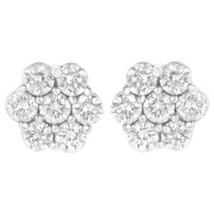 14K White Gold Floral Cluster Diamond Stud Earrings with Screwbacks