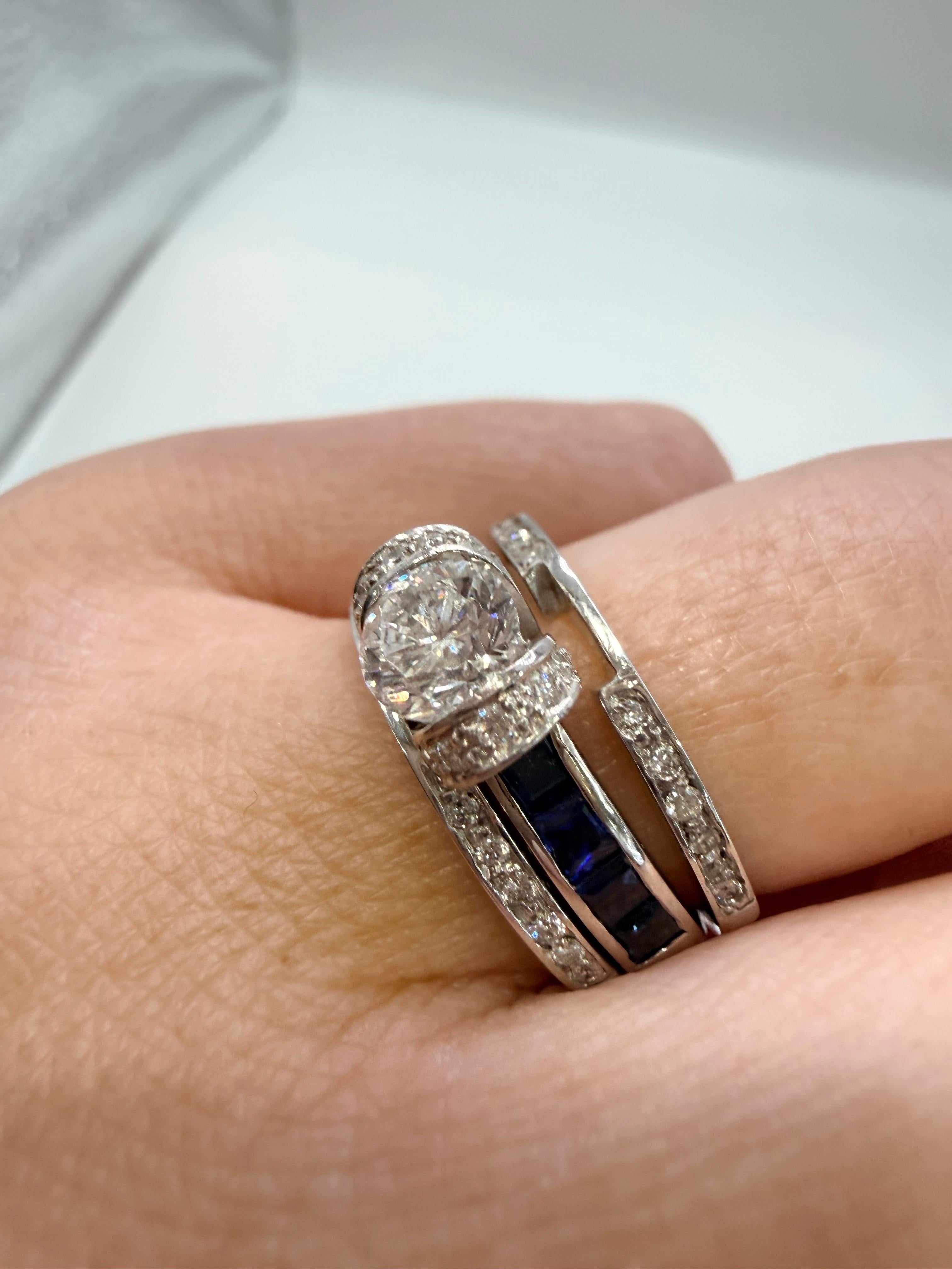 Taille brillant 1ct Trois bagues en une Bague de fiançailles saphir diamant 14KT en vente